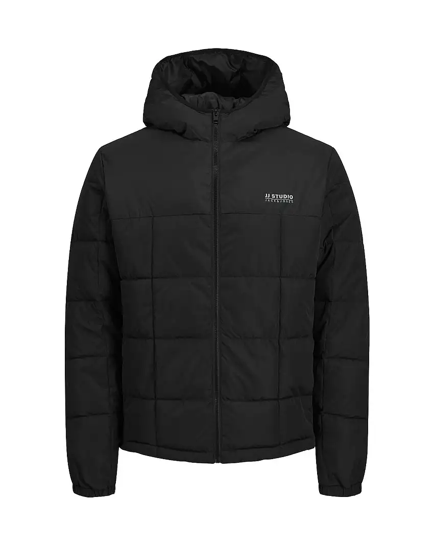 Piumino nero con cappuccio trapuntato a quadri con logo sul petto