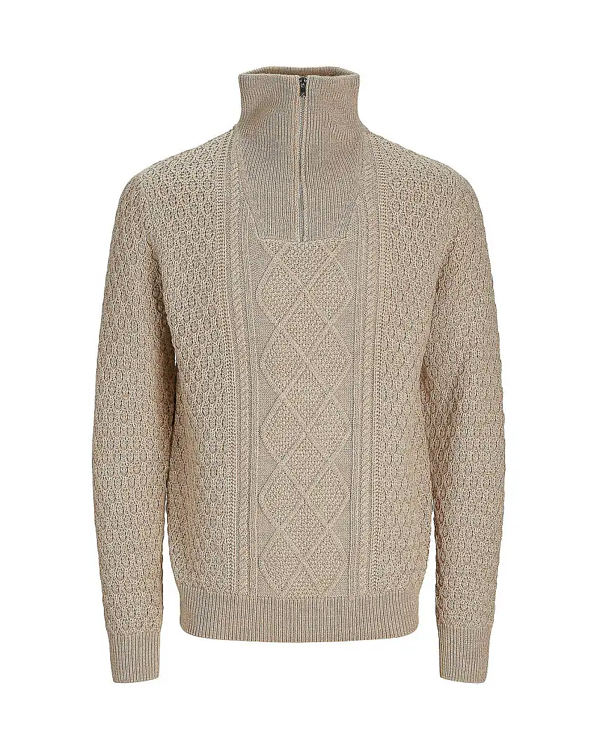 Maglia beige in misto cotone a trecce e rombi con collo alto e apertura a mezza zip