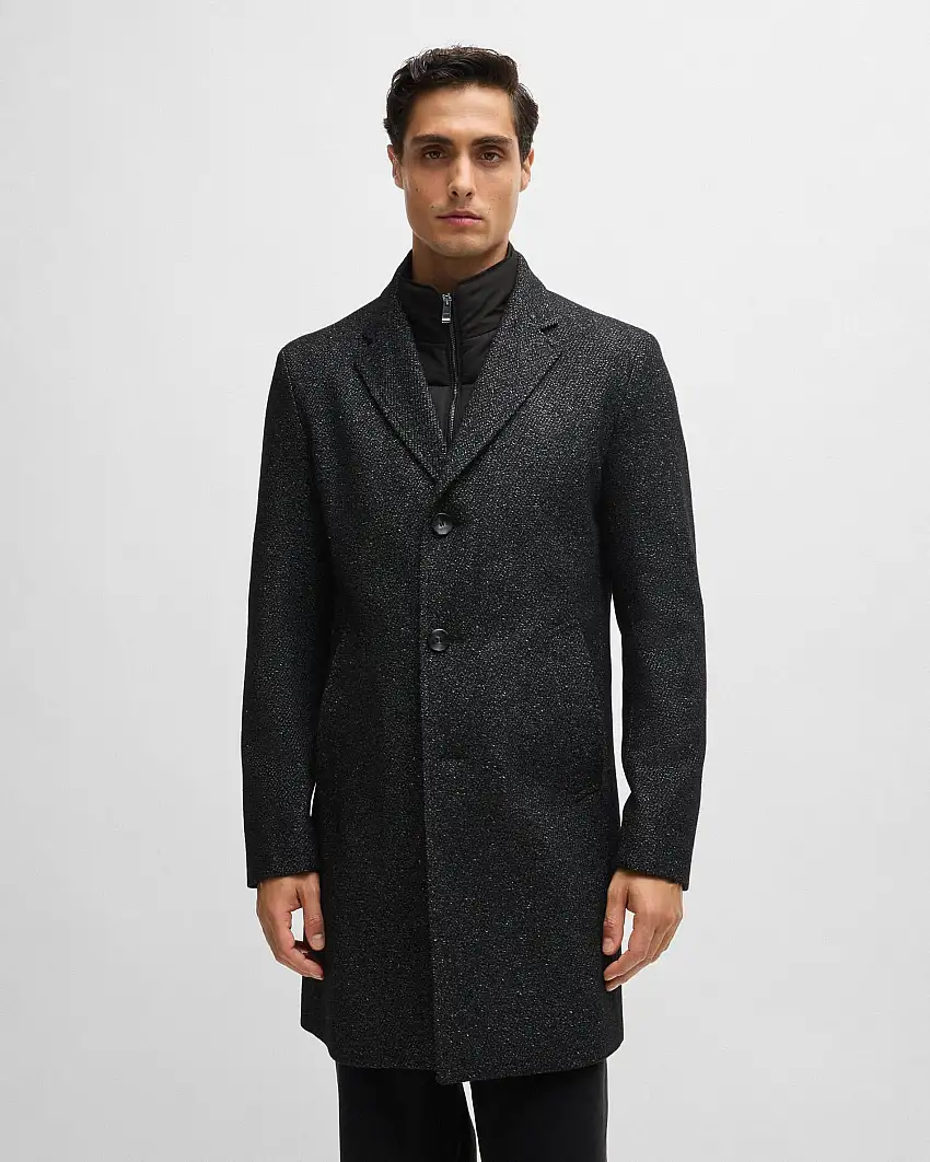 Cappotto Hyde nero in tweed di lana con davantino staccabile