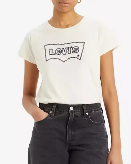 T-shirt color ecrù in cotone con scritta logo blu ricamata sul davanti