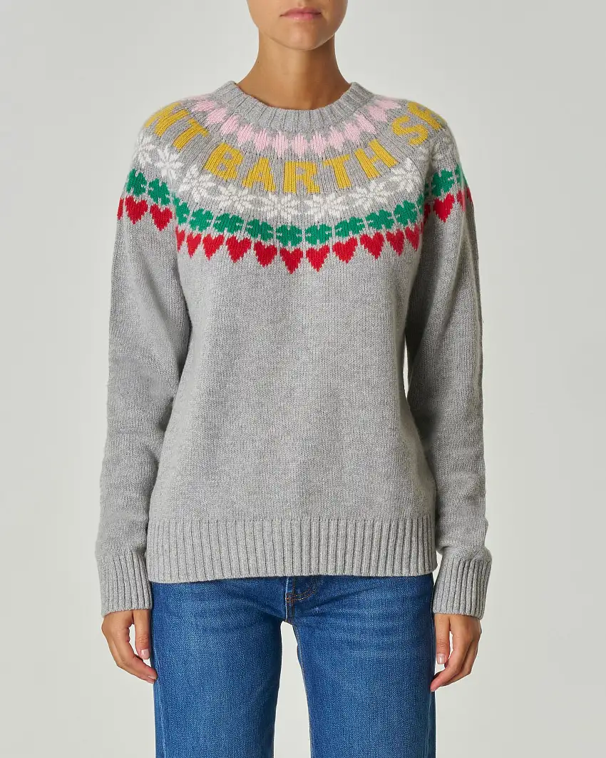 Maglia grigia in misto lana e cashmere con motivo jacquard multicolore e scritta logo