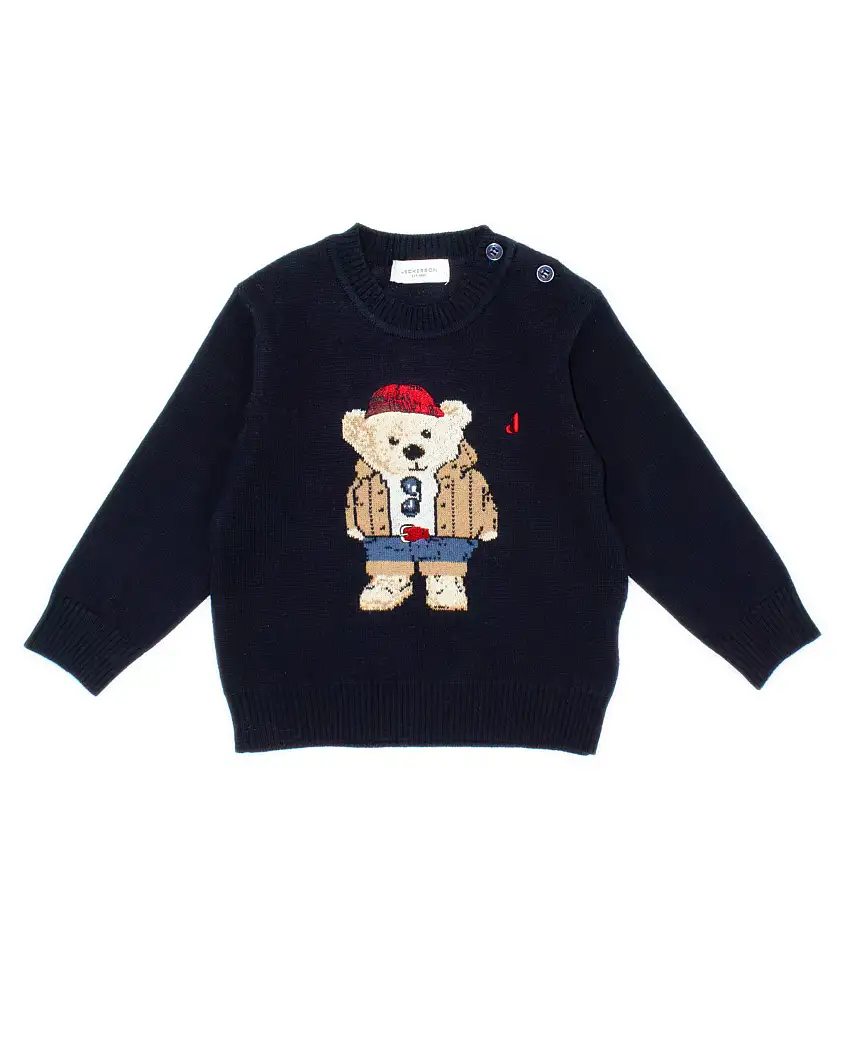 Maglia Jeckerson blu in misto lana e cotone con ricamo maxi orsetto