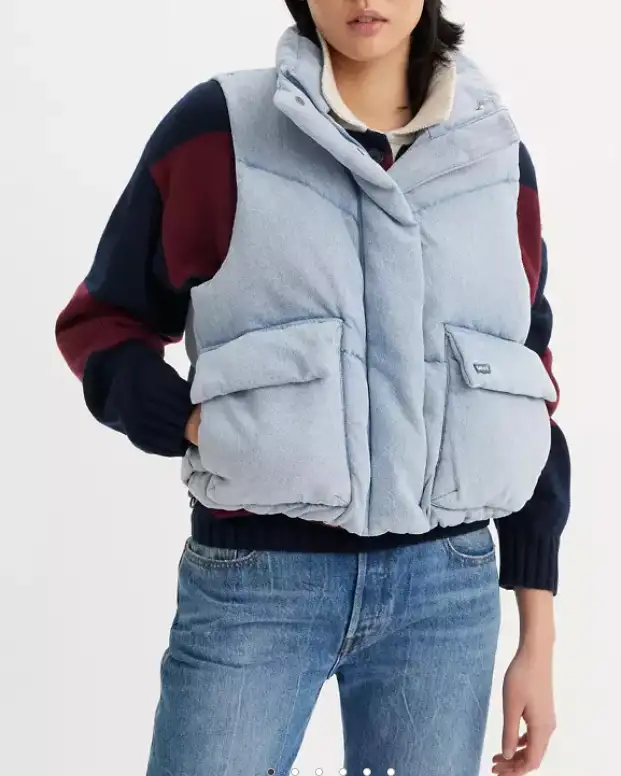 Gilet corto imbottito in tessuto effetto denimo blu super stone washed con colletto in piedi