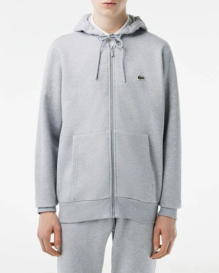 Felpa Lacoste grigia con cappuccio e chiusura zip con logo ricamato sul petto