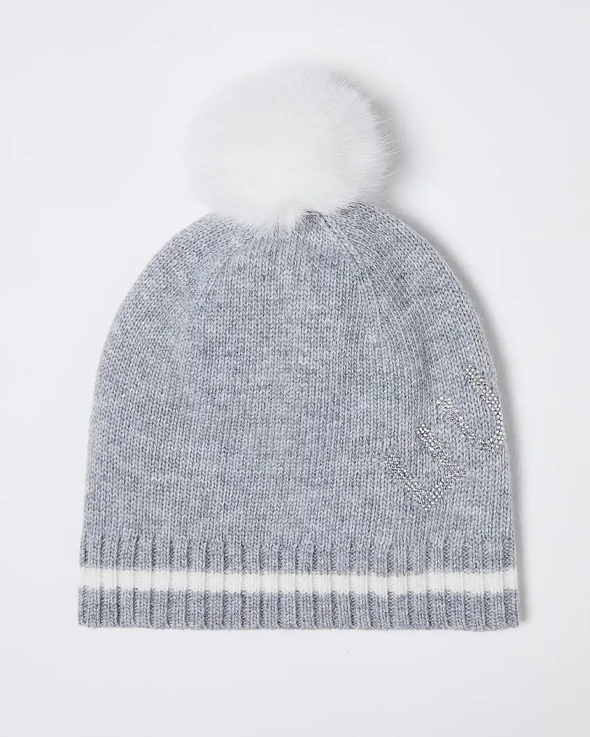 Berretto grigio in misto lana con fondo a coste e pon pon bianco in ecopelliccia