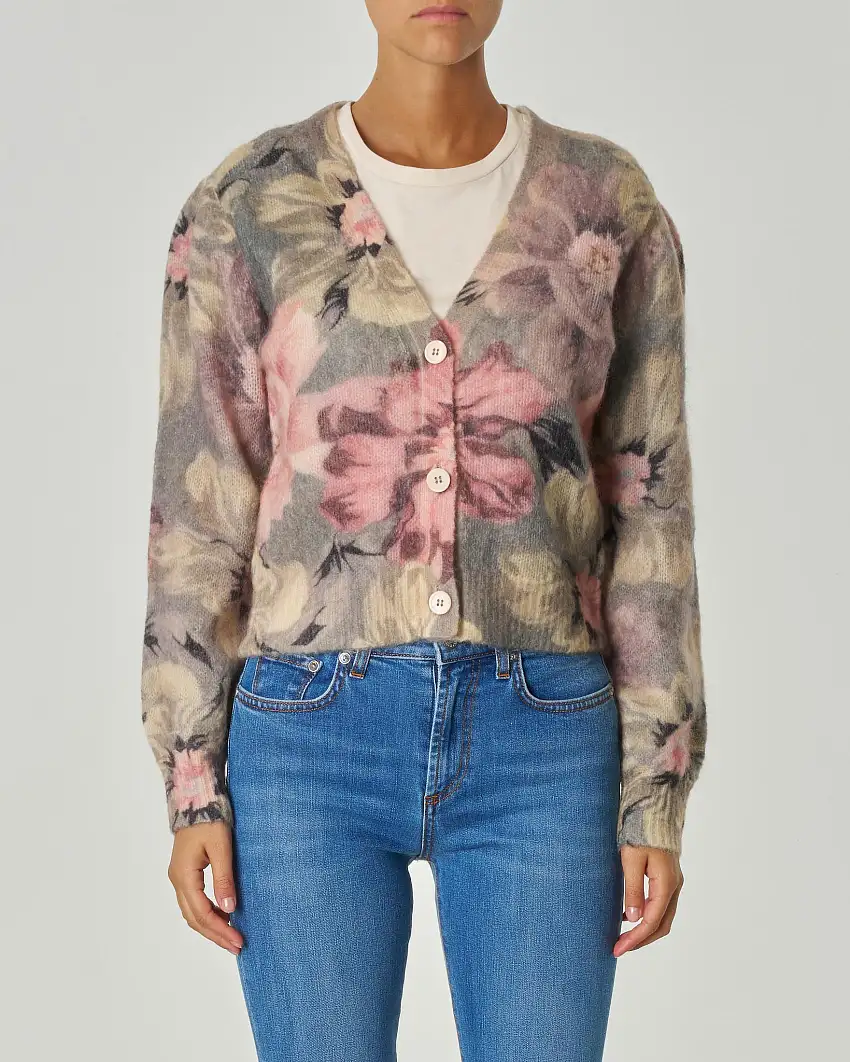 Cardigan in mohair e lana grigio a fantasia floreale rosa e giallo con maniche a sbuffo