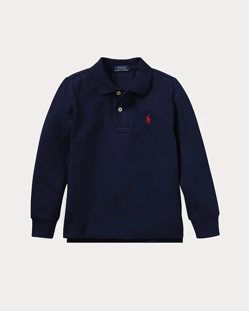 Polo blu Ralph Lauren in piqué di cotone a maniche lunghe