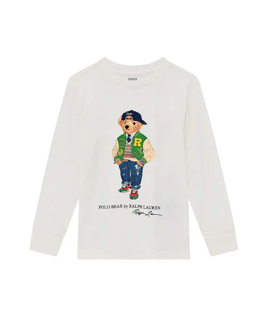 T-shirt Ralph Lauren bianca in cotone con maxi stampa orsetto e maniche lunghe
