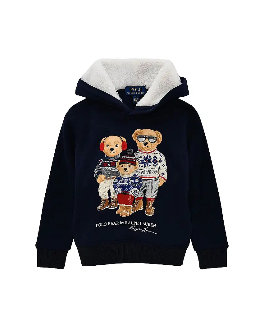 Felpa Polo Ralph Lauren blu in misto cotone con cappuccio teddy bianco e stampa orsetti logo
