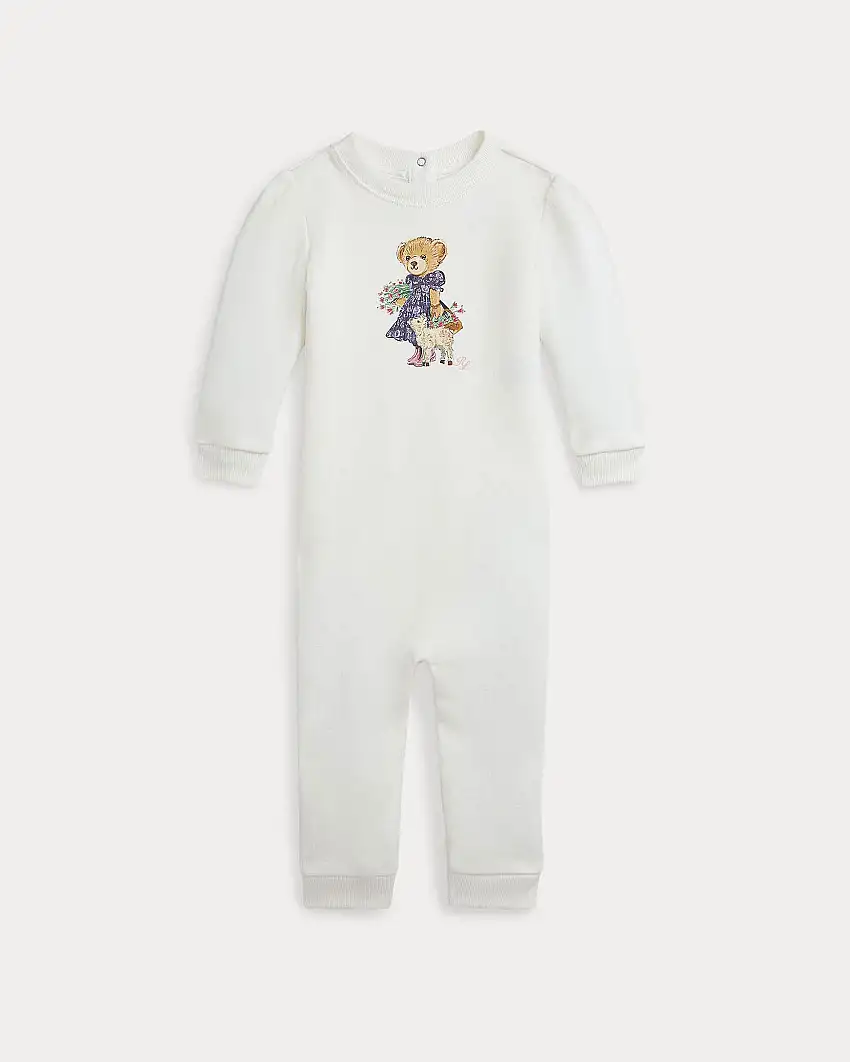 Tutina Ralph Lauren bianca in misto cotone a maniche lunghe con stampa orsetta