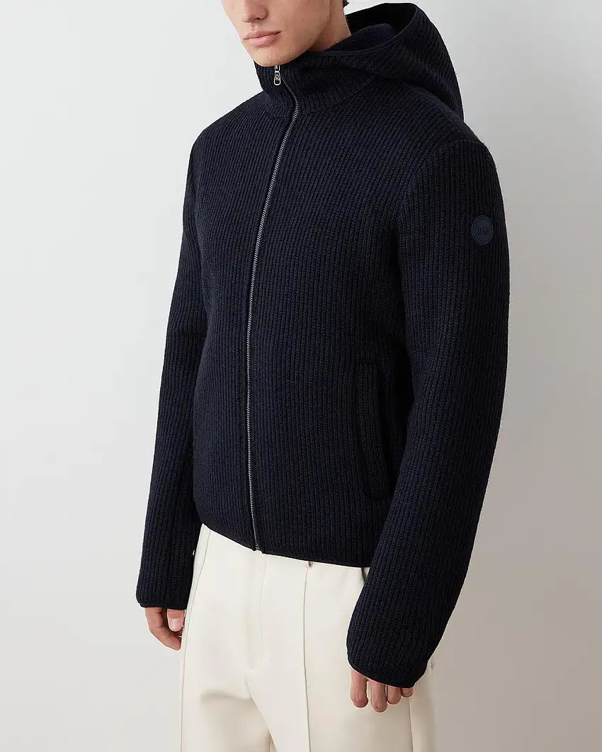 Maglione blu in misto lana a coste con cappuccio e chiusura zip