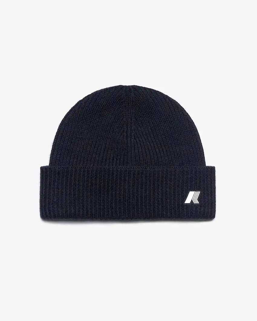 Berretto K-way blu in pura lana a costine con risvolto e patch logo