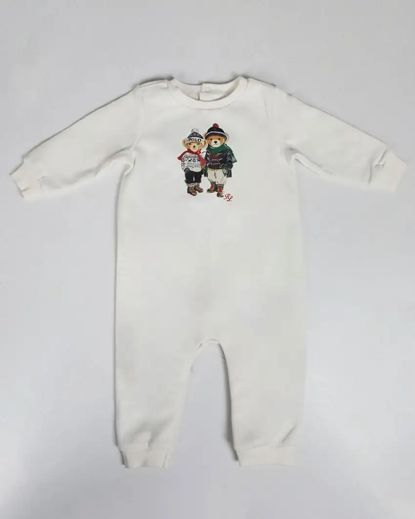 Tutina Ralph Lauren bianca in misto cotone a maniche lunghe con stampa coppia orsetti