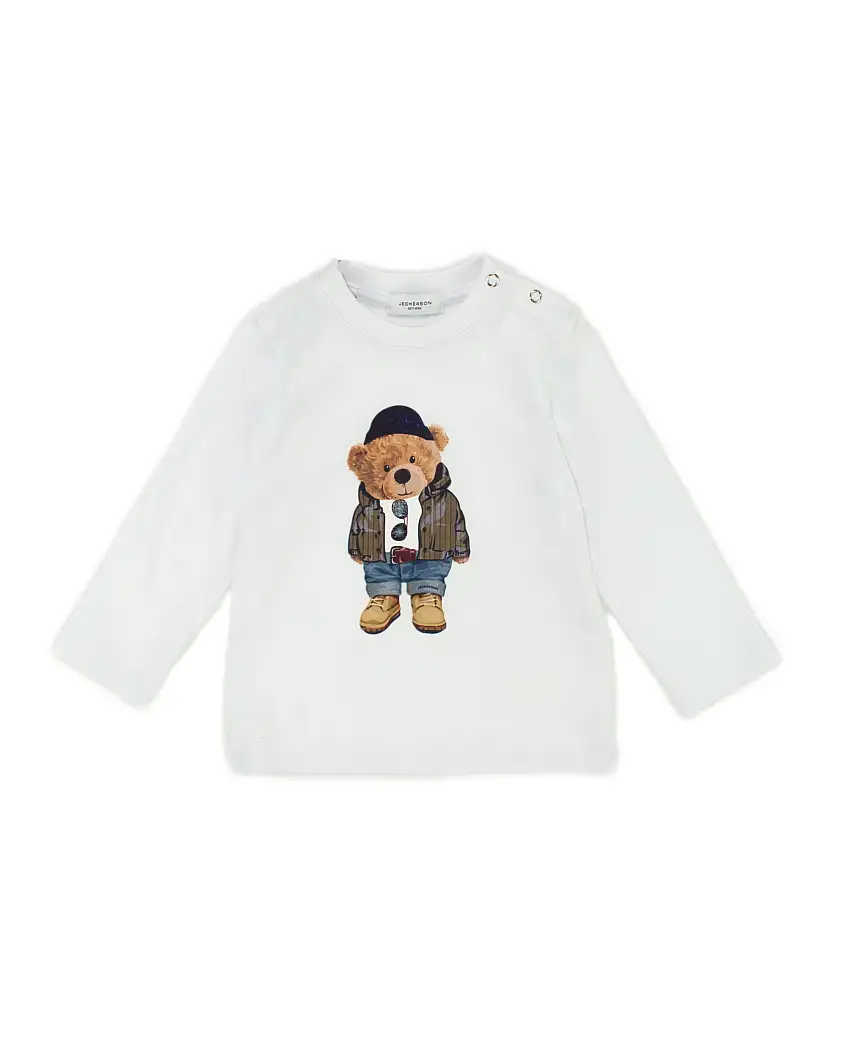 T-shirt Jeckerson bianca in cotone a maniche lunghe con stampa orsetto