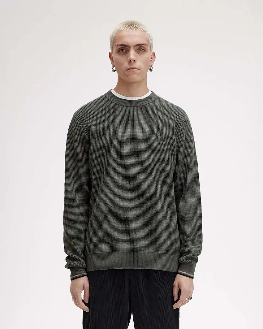 Maglia verde militare girocollo in puro cotone punto waffle