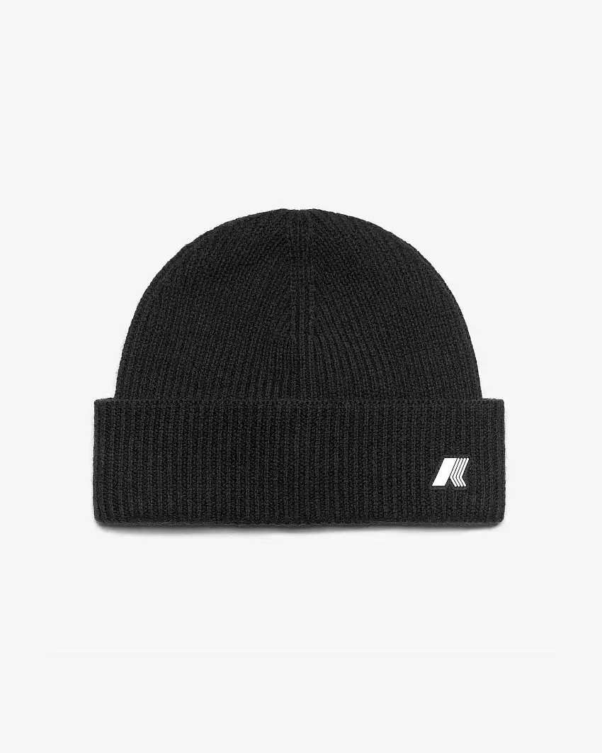 Berretto K-way nero in pura lana a costine con risvolto e patch logo