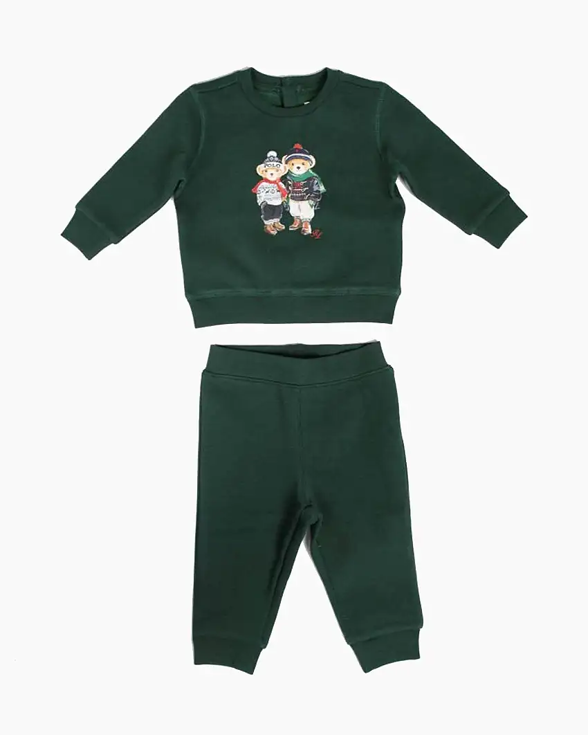Completo Polo Ralph Lauren in felpa di misto cotone verde bosco con stampa orsetti