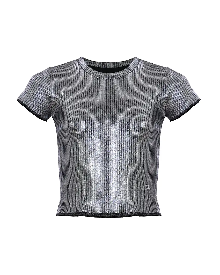 T-shirt Kocca in misto viscosa stretch argento metallizzato a maniche corte