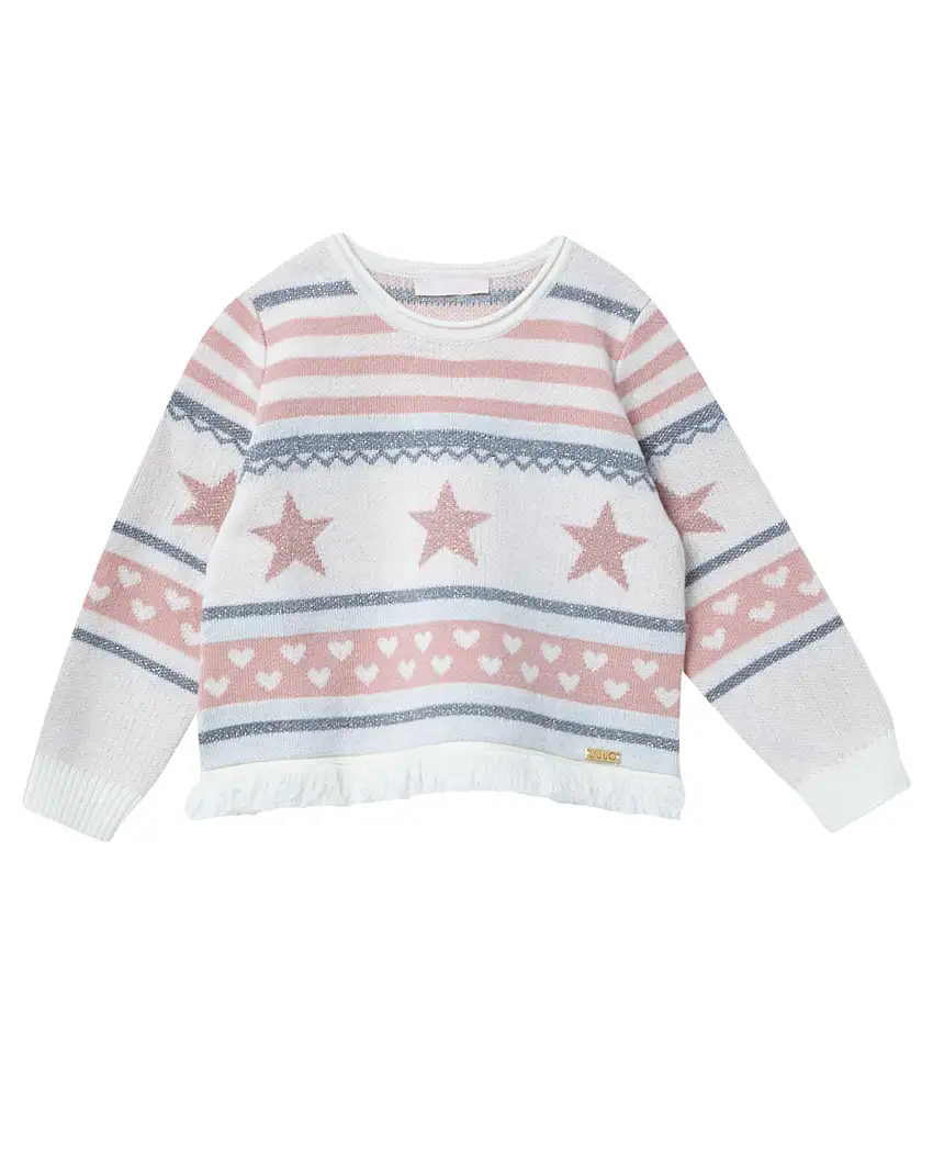 Maglia in misto lana a fantasia rosa e grigia glitterata con orlo sfrangiato