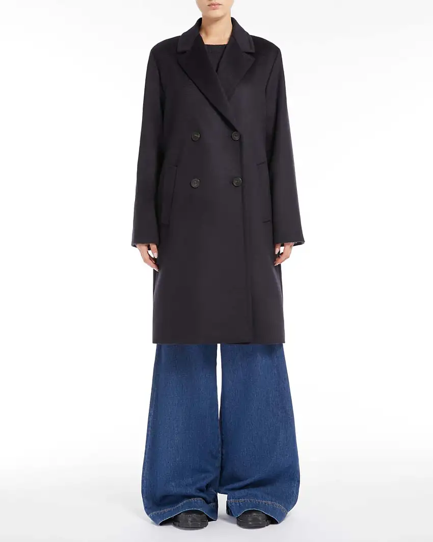 Cappotto doppiopetto al ginocchio blu in doppio drap di pura lana