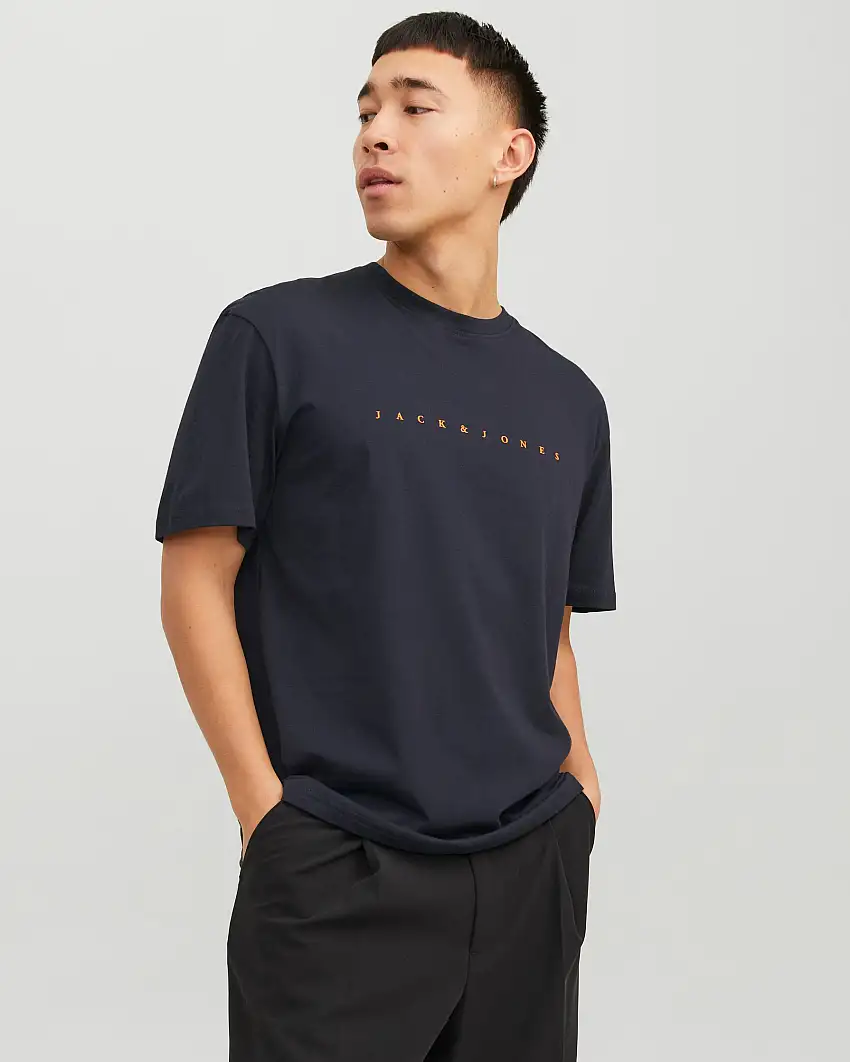 T-shirt blu mezza manica relaxed fit con logo scritta davanti