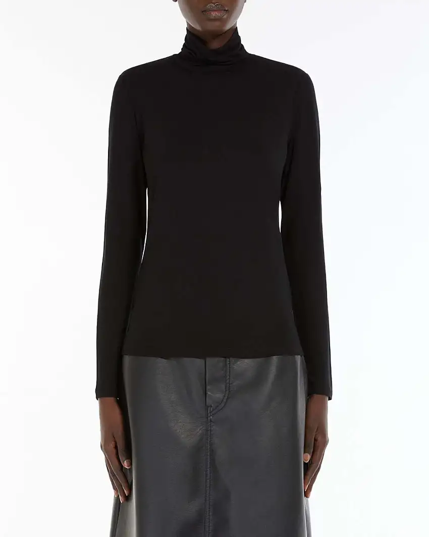 T-shirt a maniche lunghe nera in jersey di viscosa a collo alto