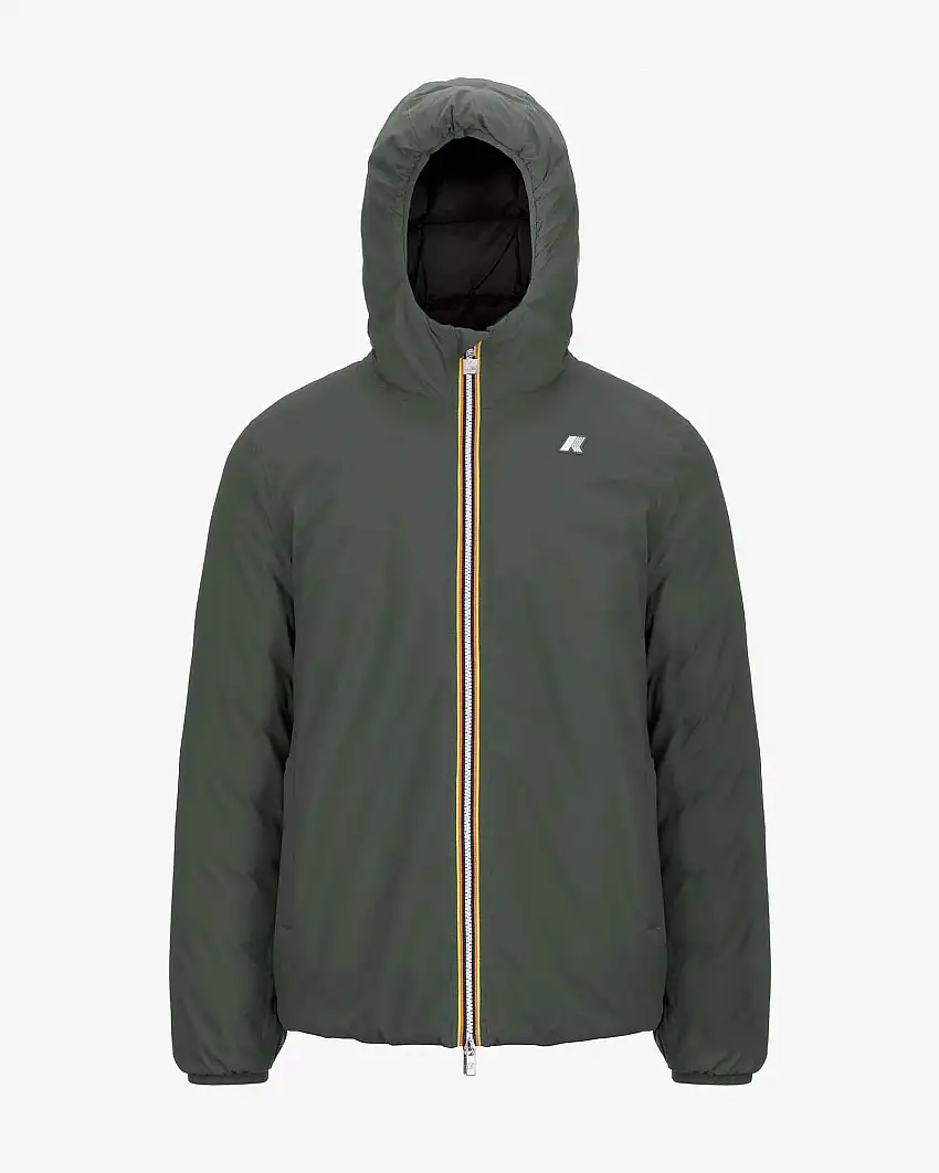 K-way Jack St Thermo in nylon verde militare elasticizzato liscio reversibile in nero con trapuntatura a quadri