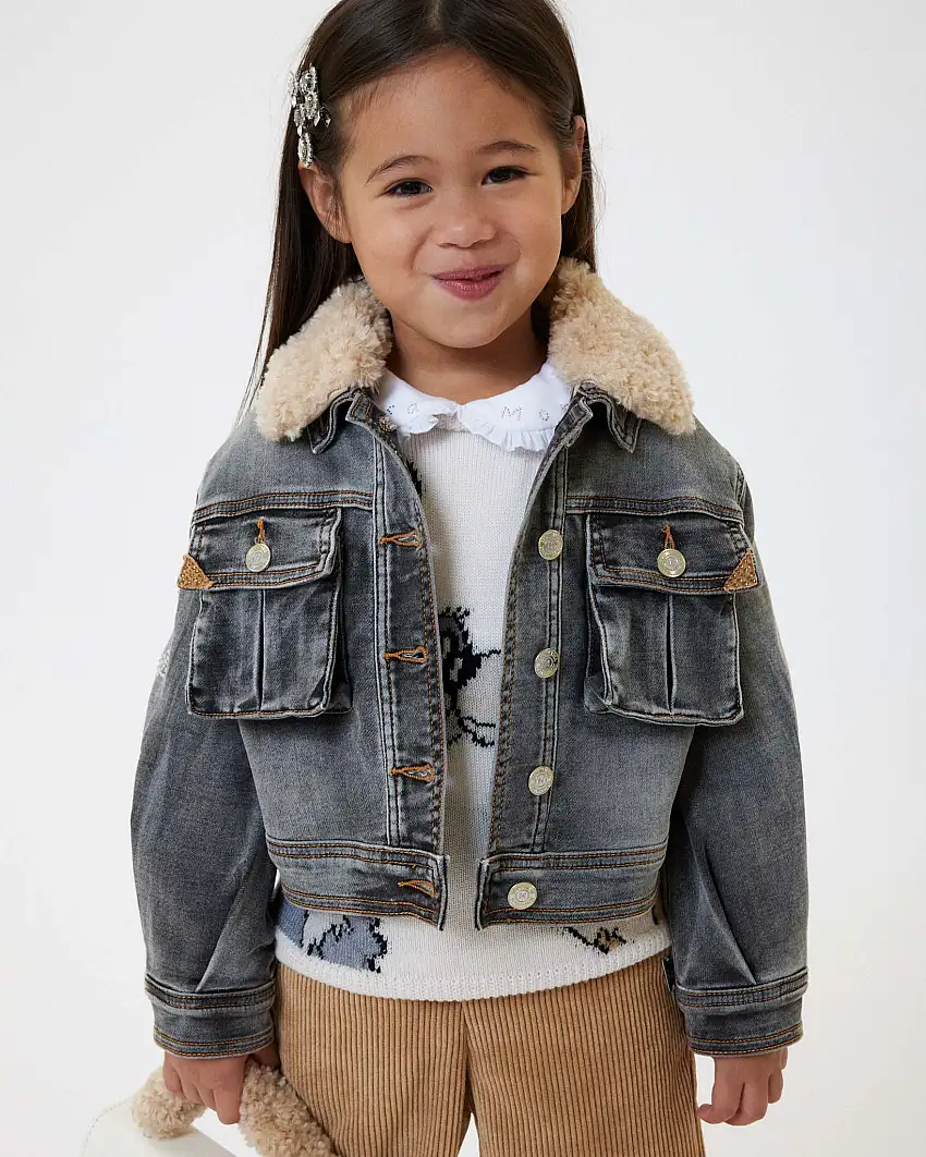 Giacca Monnalisa nera in denim di cotone stretch stone washed con colletto teddy beige