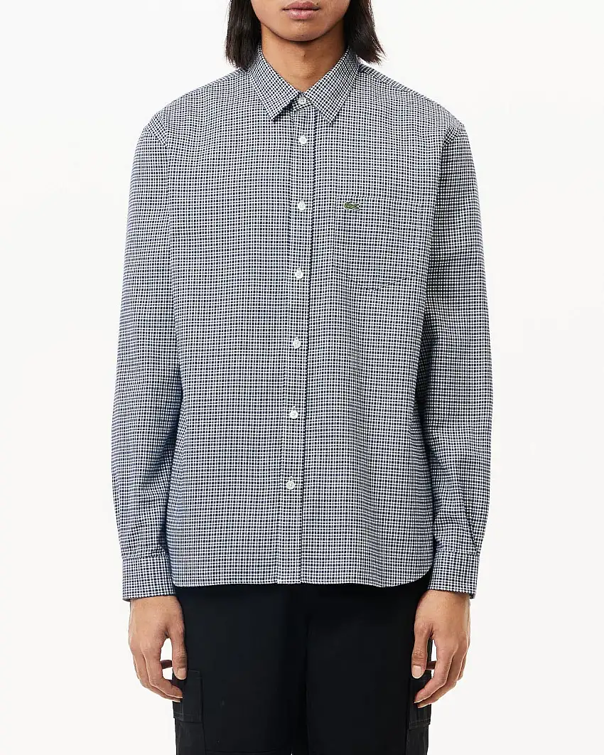 Camicia a quadretti bianca e blu in flanella di cotone con taschino