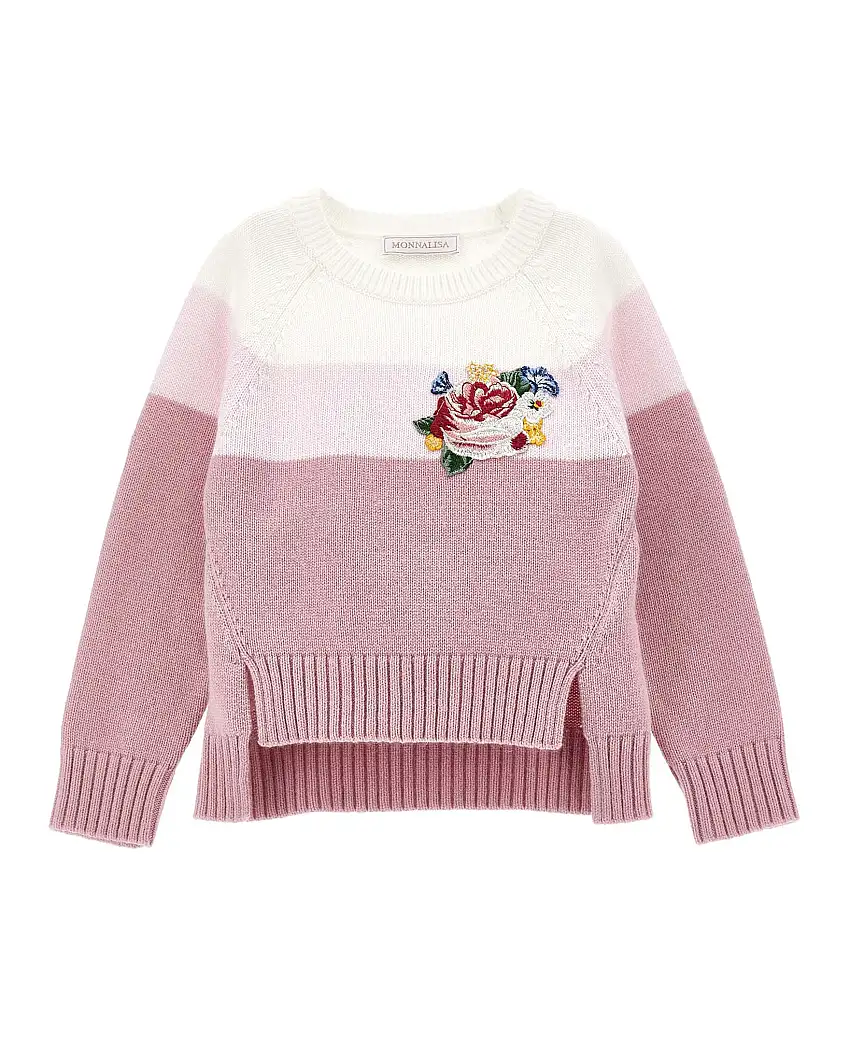 Maglia Monnalisa a fantasia rigata rosa in misto lana stretch con ricamo bouquet