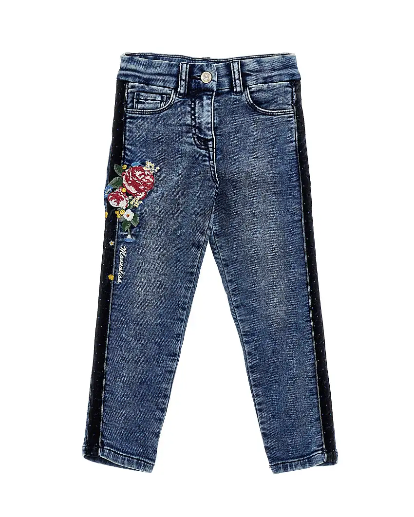 Jeans Monnalisa slim a lavaggio scuro delavé con ricami floreale e bande nere glitterate
