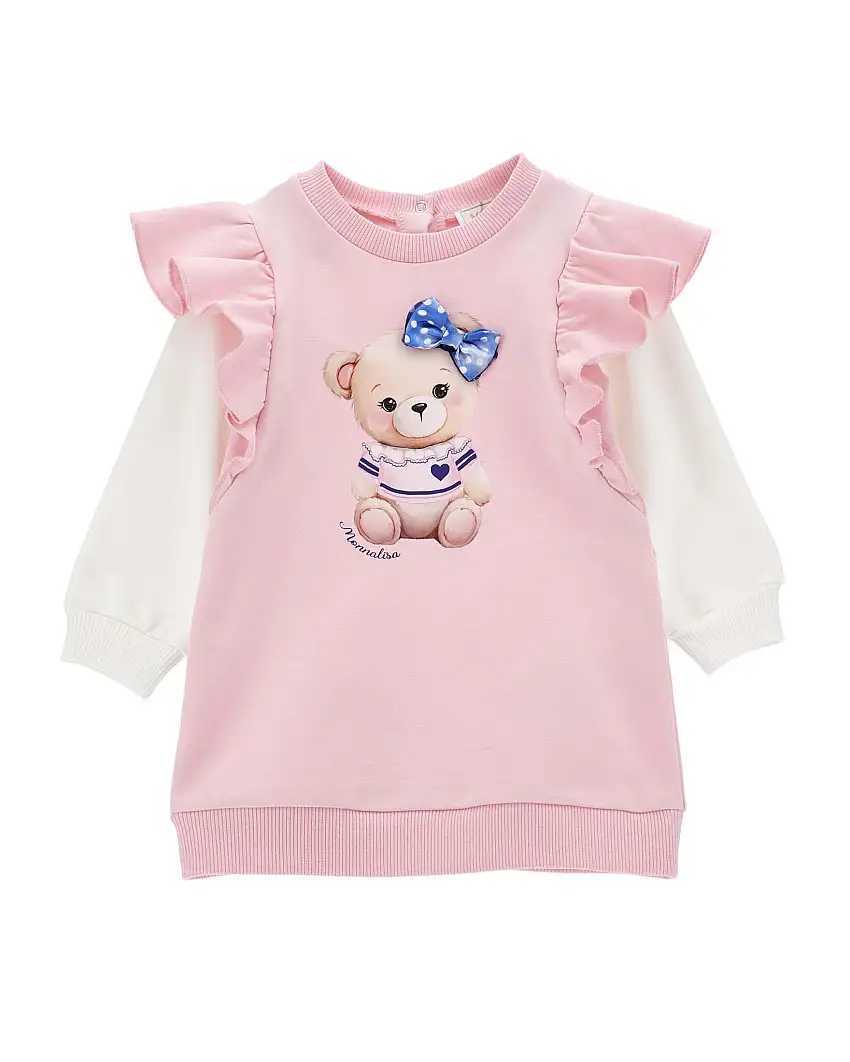 Abito Monnalisa rosa a in felpa di cotone stretch con volants e maniche lunghe bianche