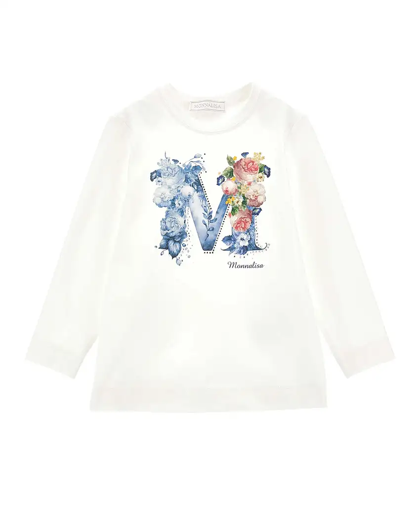 T-shirt Monnalisa bianca in cotone stretch a maniche lunghe con stampa logo floreale