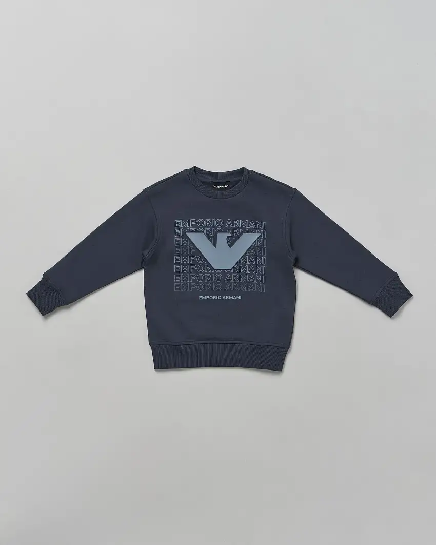 Felpa Emporio Armani blu in cotone con stampa scritta logo aquila avio