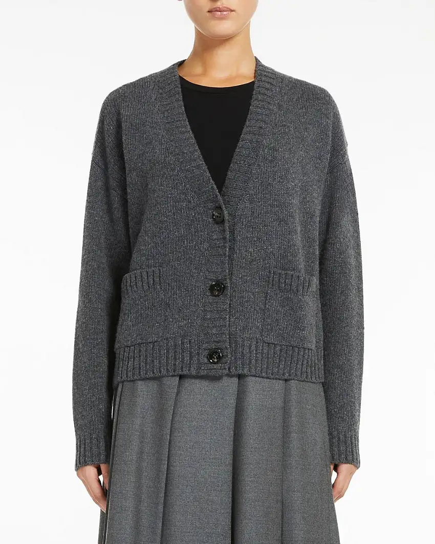 Cardigan antracite in lana vergine a punto rasato con scollo a V