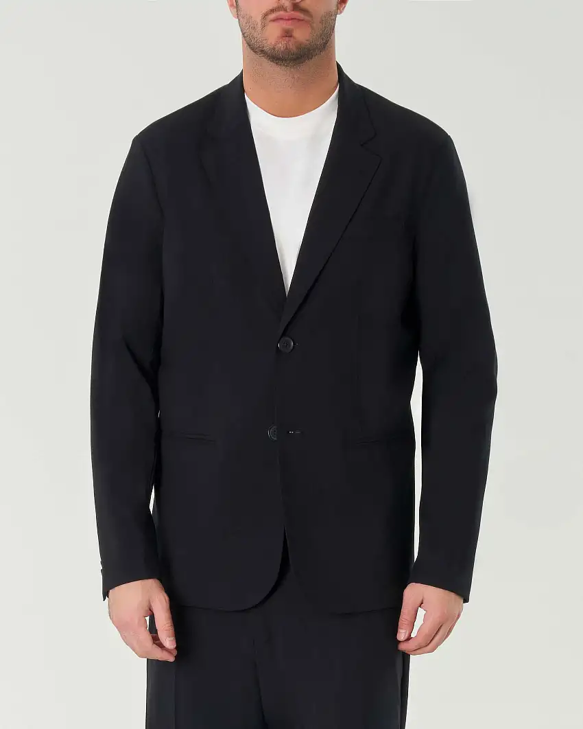 Blazer nero vestibilità oversize in tela di misto lana e viscosa stretch con rever classico