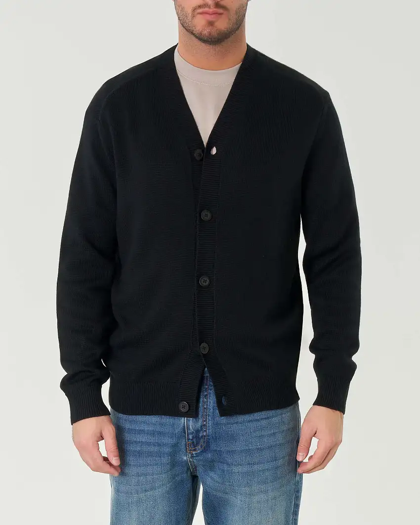 Cardigan nero in maglia rasata di misto cotone e lana con etichetta logo sul fianco