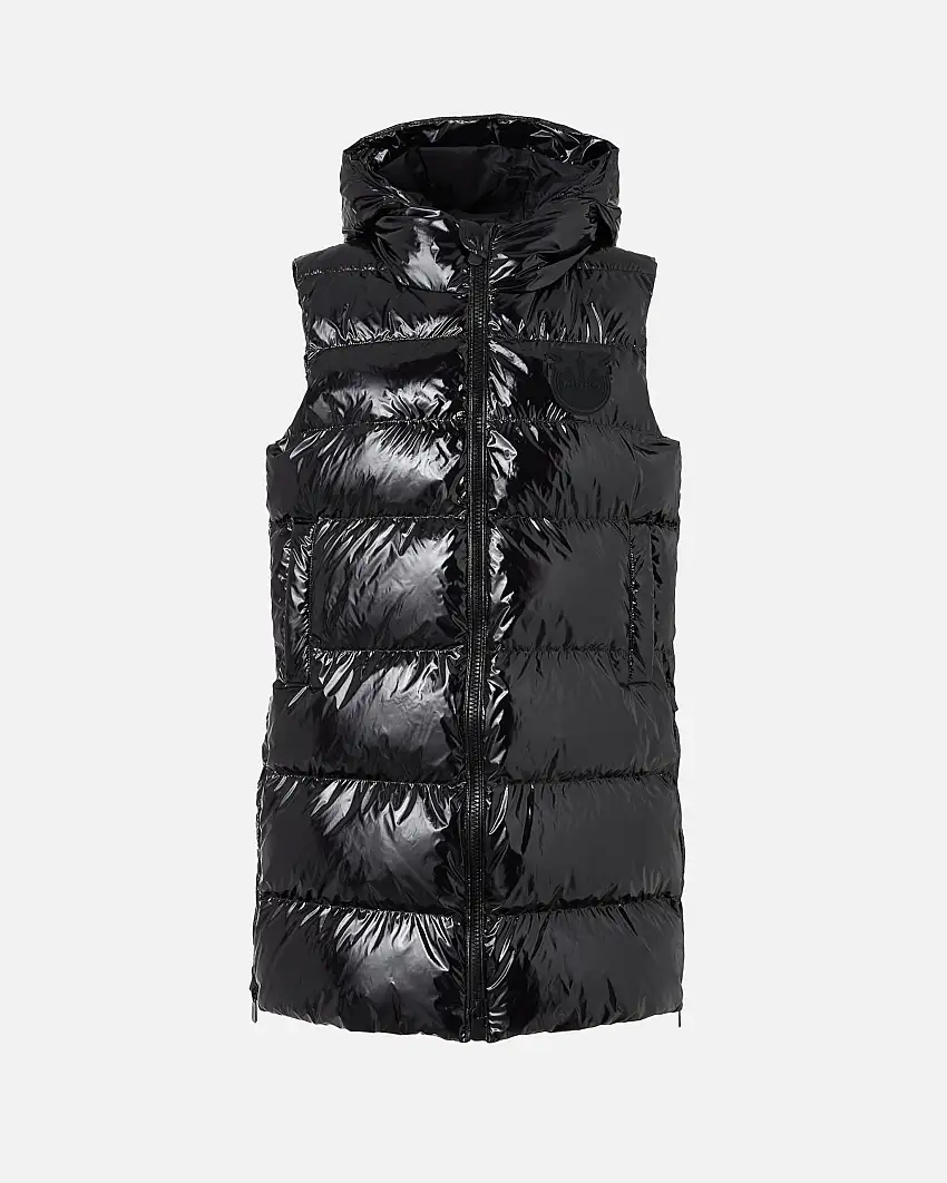 Piumino lungo smanicato nero con cappuccio in crystal nylon imbottito e trapuntato