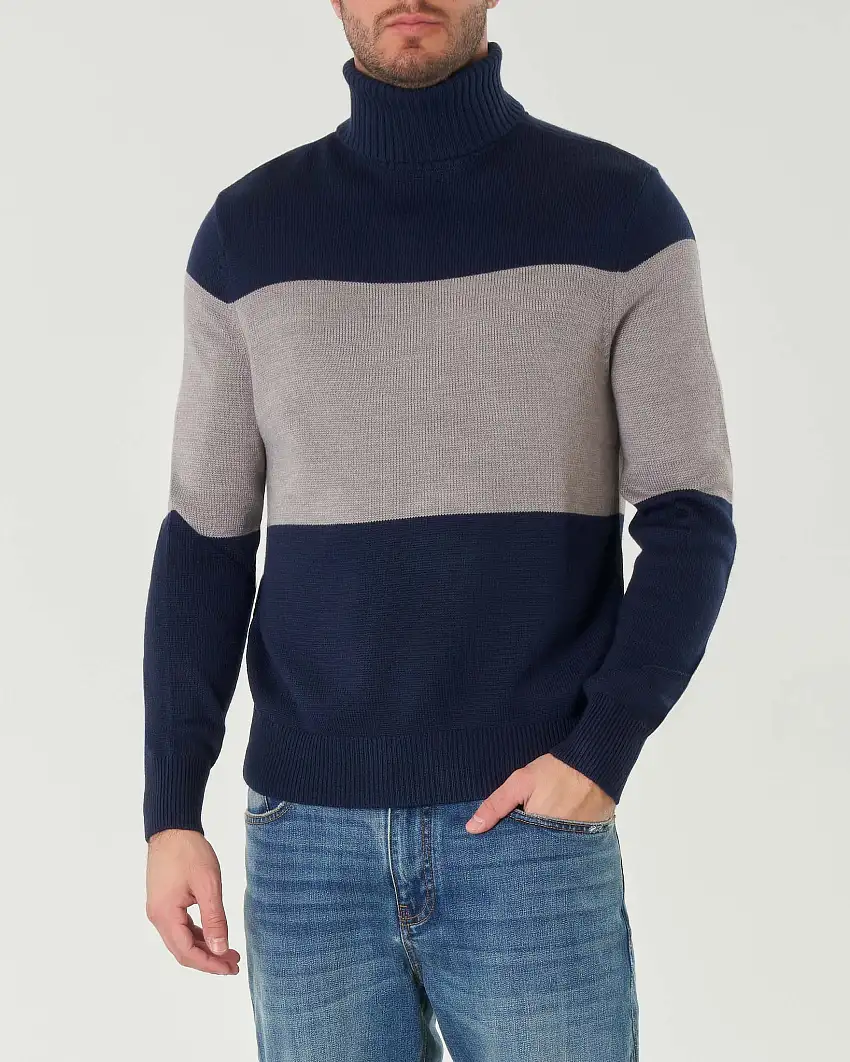 Dolcevita blu e grigio color-block in maglia rasata di misto cotone e lana