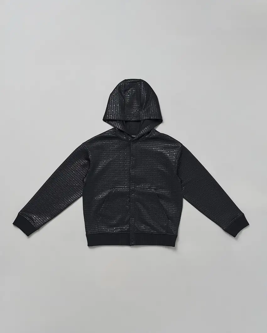 Giacca Emporio Armani blu in misto cotone stretch logata all-over