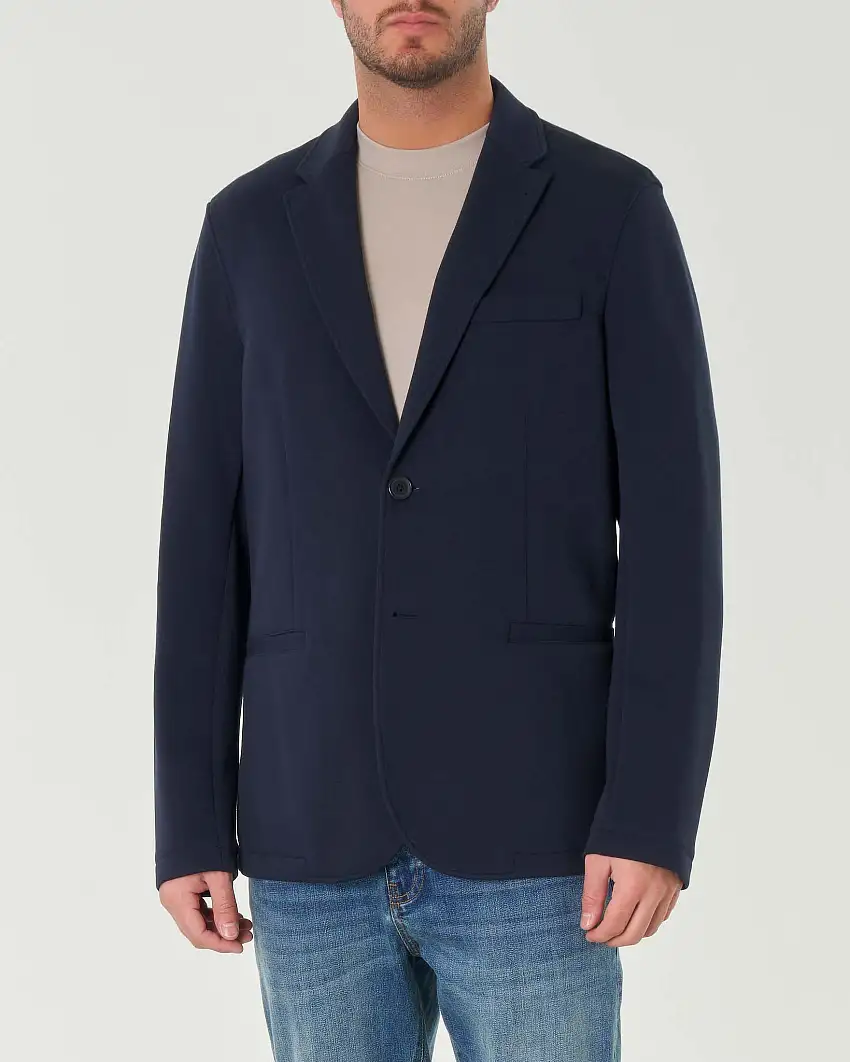 Blazer blu vestibilità oversize in pique di cotone stretch con tasche a filo sul davanti