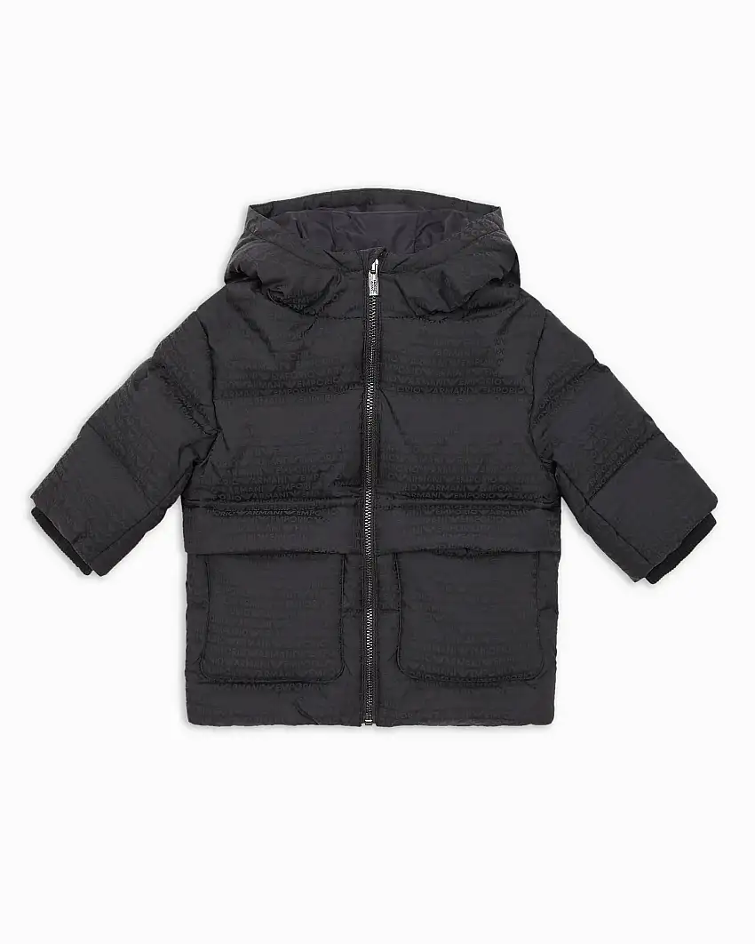 Giaccone Emporio Armani blu in nylon imbottito con cappuccio e logo all-over