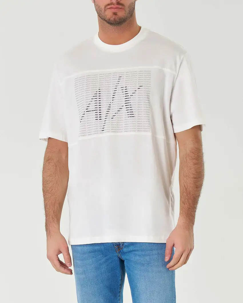 T-shirt bianca in puro cotone con stampa box multilogo grigio e blu sul davanti