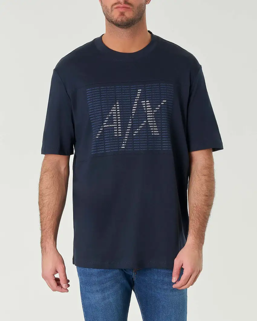 T-shirt blu in puro cotone con stampa box multilogo grigio e blu sul davanti