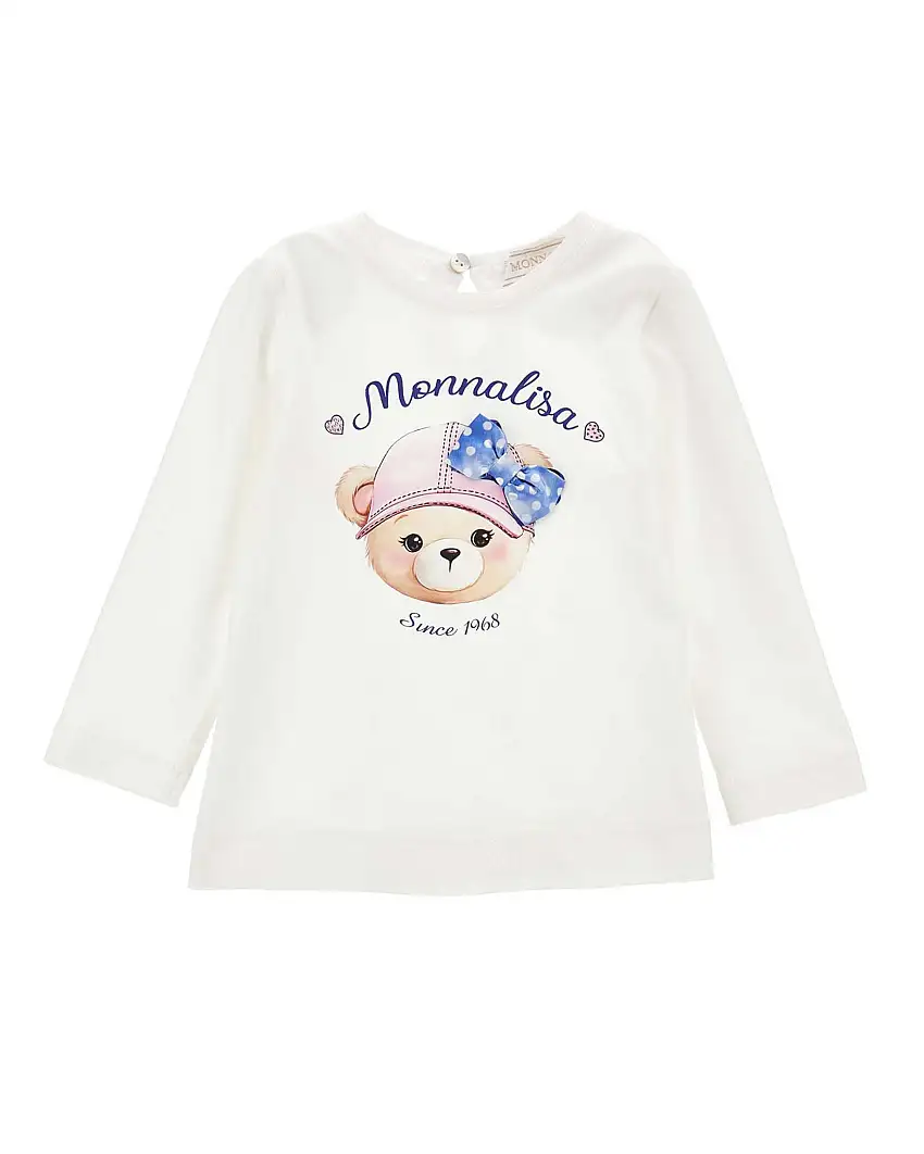 T-shirt Monnalisa bianca in cotone a maniche lunghe con stampa orsa logo