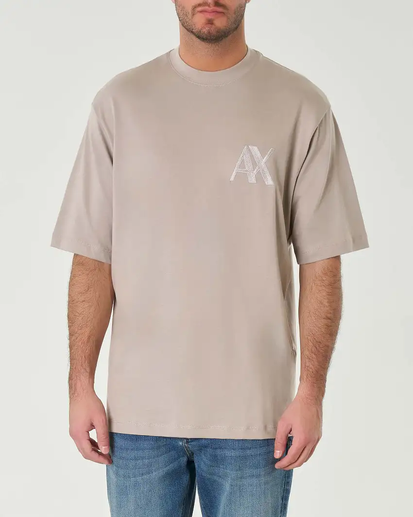 T-shirt beige vestibilità oversize in puro cotone con logo ricamato sul petto