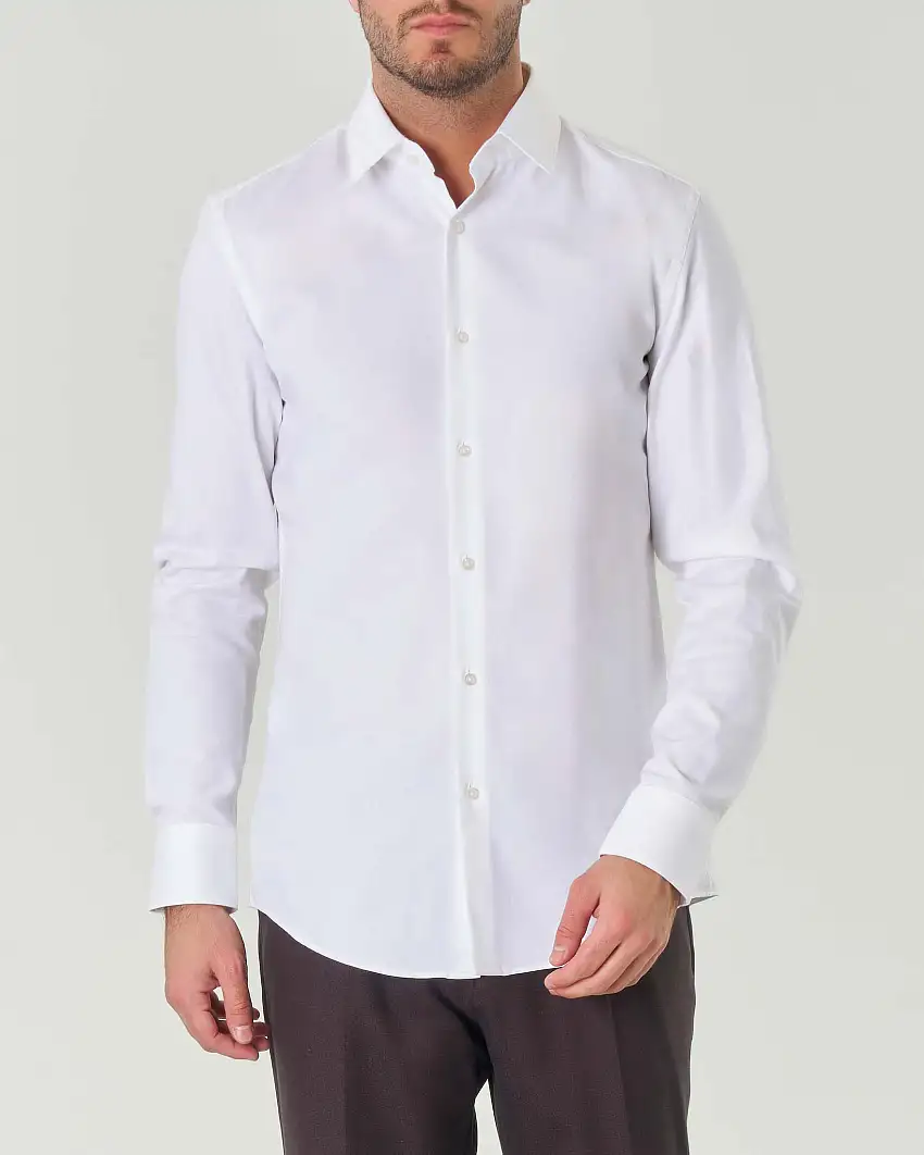 Camicia bianca Hank slim-fit in tessuto armaturato di cotone stretch con colletto Kent