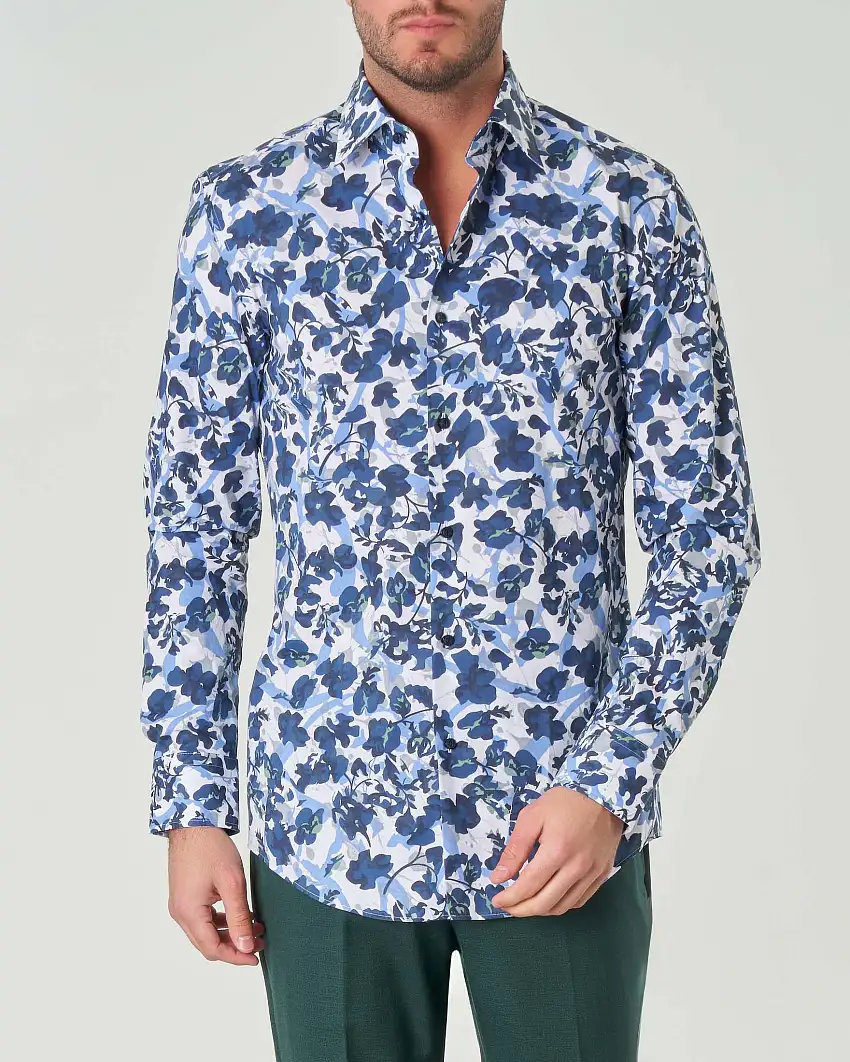 Camicia Hank bianca e blu a fantasia floreale slim-fit in popeline di cotone stretch con colletto Kent