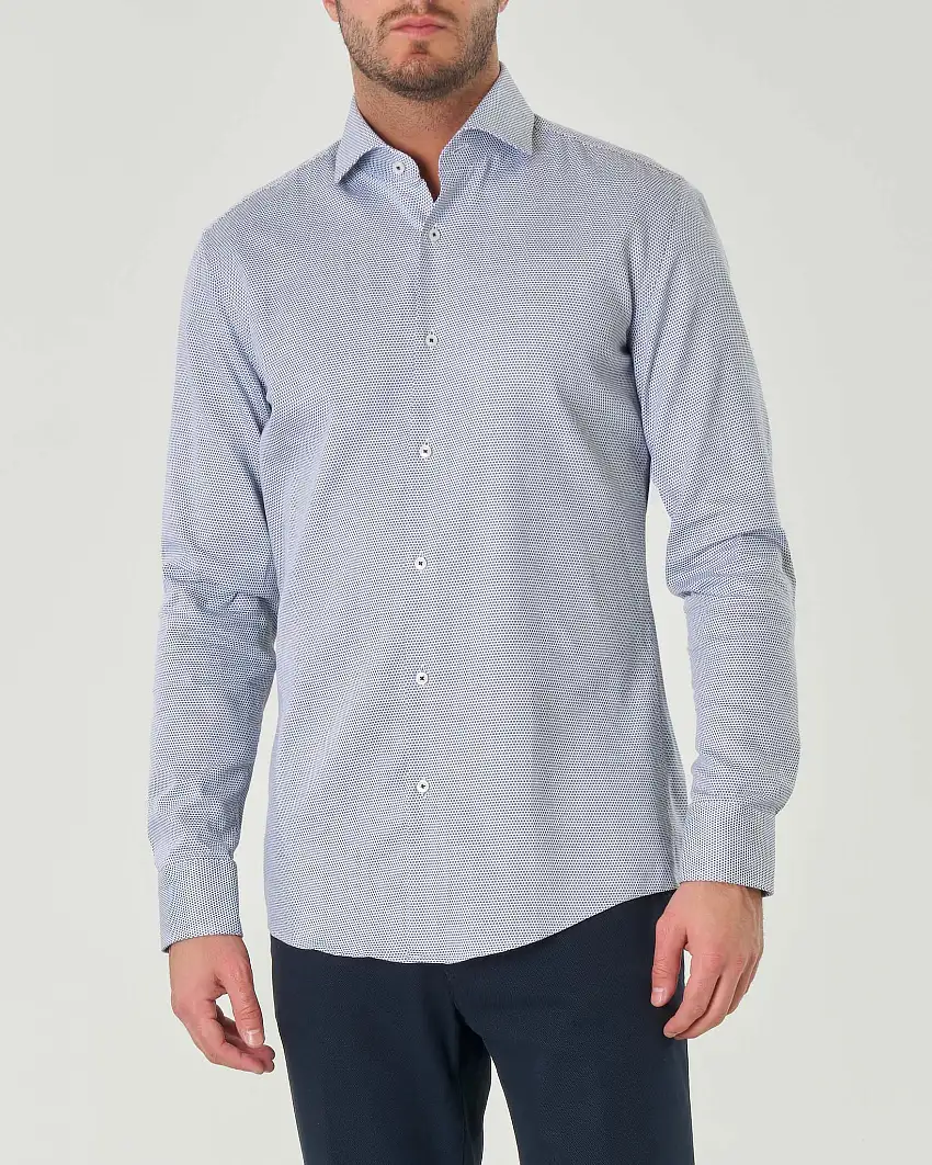 Camicia Hank bianca e blu micro-quadretto slim-fit in cotone stretch con colletto Spread