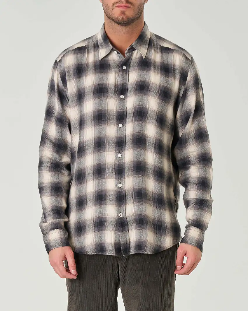 Camicia Liam marrone a fantasia check regular-fit in flanella di cotone e viscosa con coletto Kent